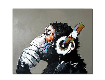 Amazon.co.jp: Fokenzary手書き 絵画 壁掛け油彩画音楽を聴く猿